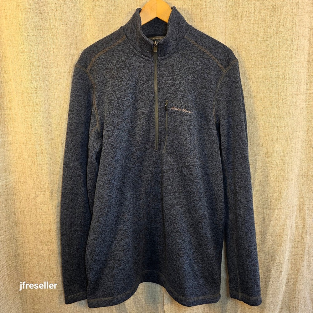 Eddie Bauer Pullover Sweater Men's TL Navy Blue Marled Fleece 1/4 Zip Pocket